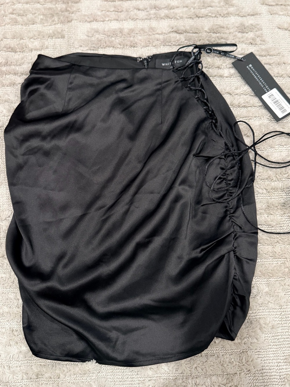 Black Satin Ruched Side Slit Midi Skirt With Black Cute Wrap Top - Picture 2 of 6